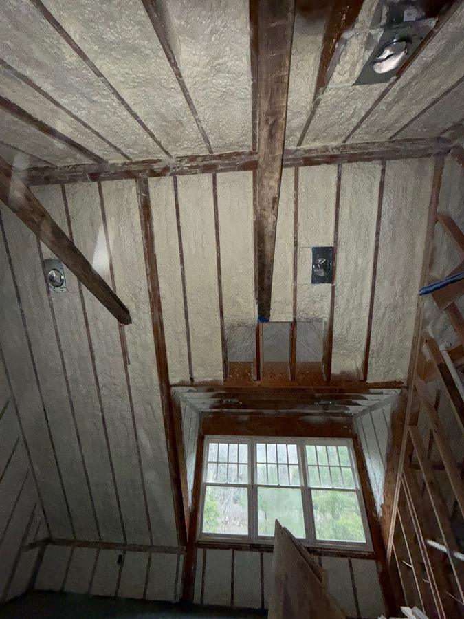 Foamed roof rafters and walls above a dormer window, Ridgefield, CT