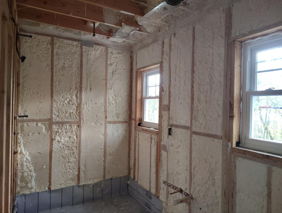 Foamed exterior walls in a corner room, South Salem, NY