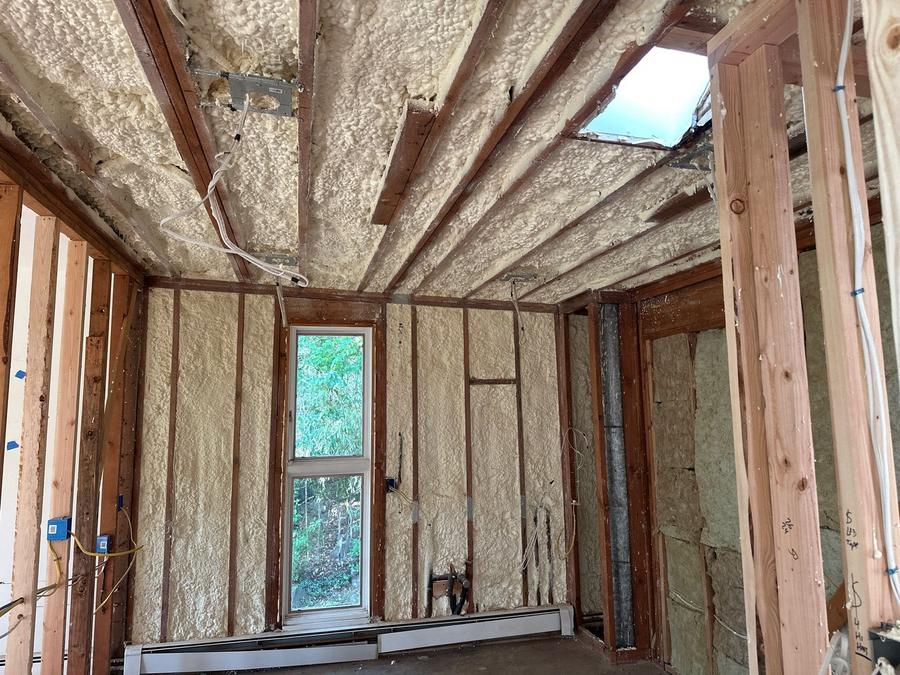 Spray foam on the ceiling and walls of a room, Hastings-on-Hudson, NY