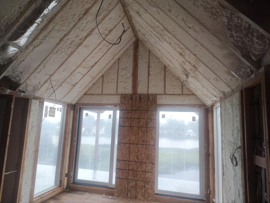 Spray foam on the sloped ceiling and walls around a window bay, Fairfield, CT