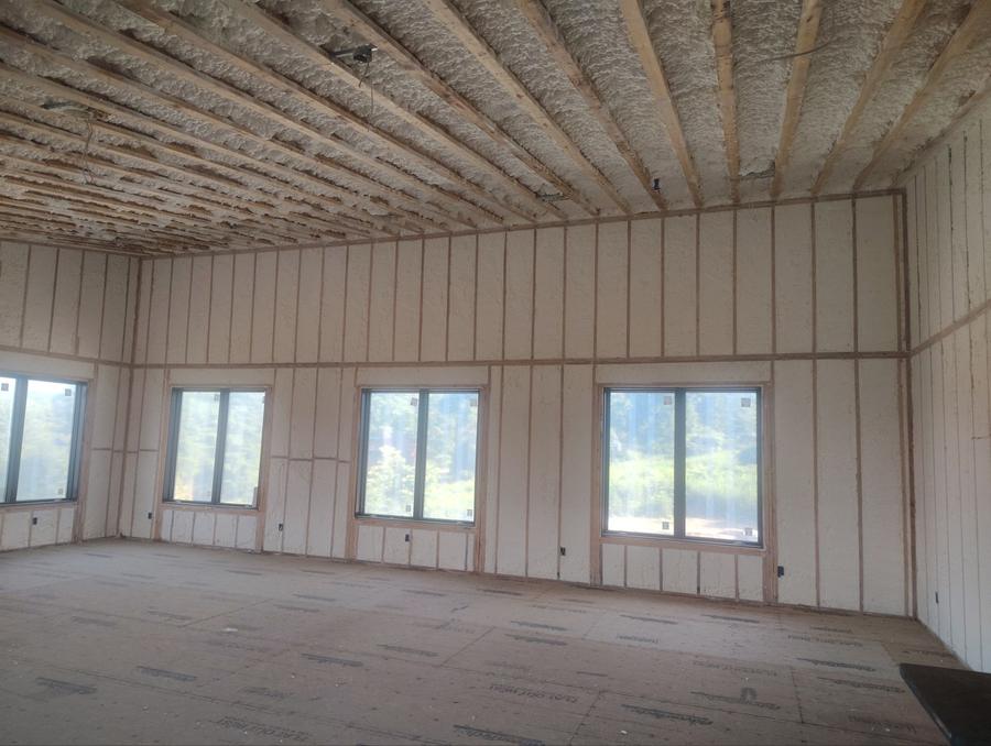 Foamed walls and ceiling across a large open room, Fishkill, NY