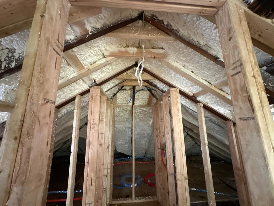 Foamed roof rafters above newly framed attic walls, Englewood, NJ