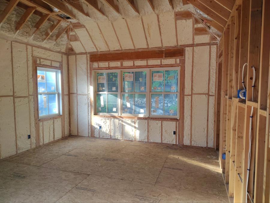 Foamed walls and vaulted ceiling in a room with a bay window, Chappaqua, NY