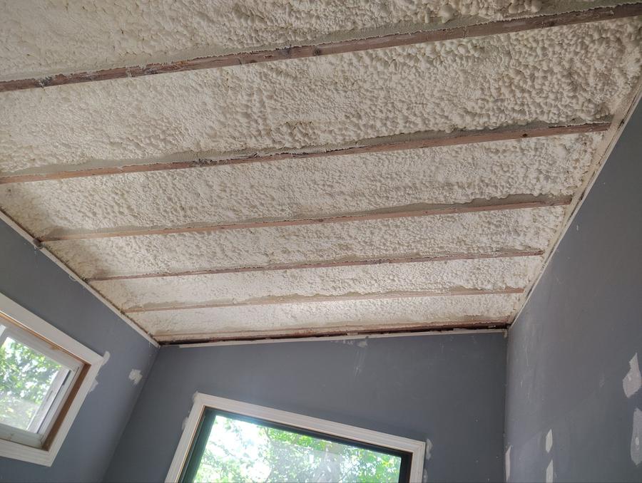 After: the same ceiling fully covered with spray foam, Portland, CT
