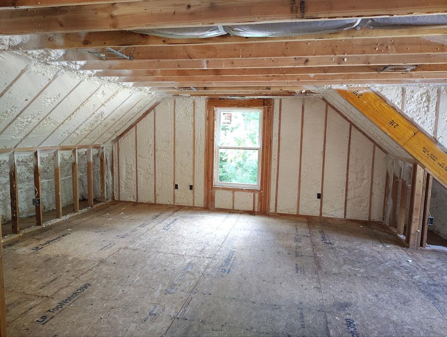 Spray foam on the knee walls and gable wall of an upper room, Brookfield, CT