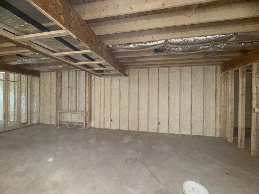 Foamed walls and rim joists in an open lower level, Bristol, CT