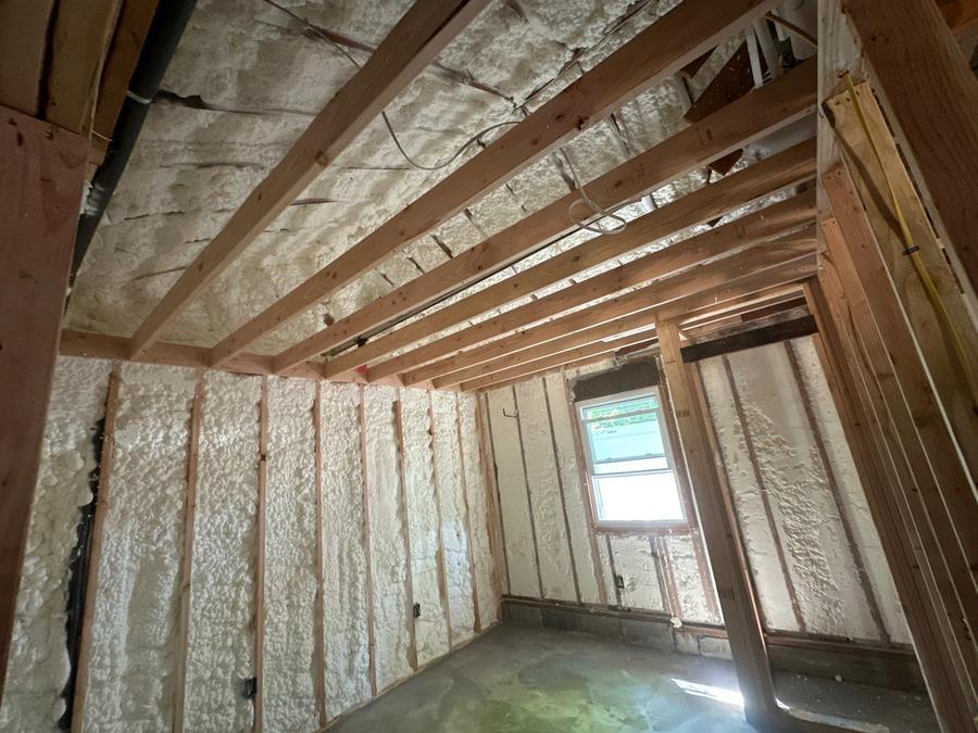 Spray foam on the ceiling and walls of a framed room, Central Islip, NY