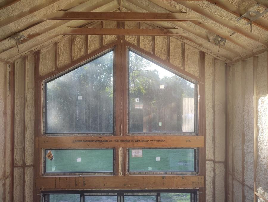 Spray foam around a peaked gable window wall, Piscataway, NJ
