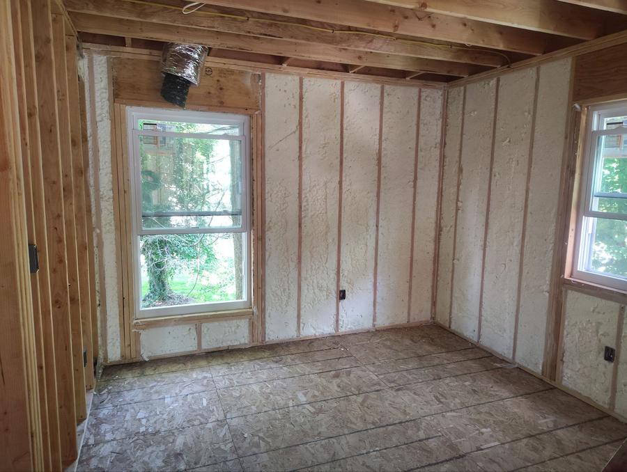 Foamed exterior walls in a corner room with two windows, Ossining, NY