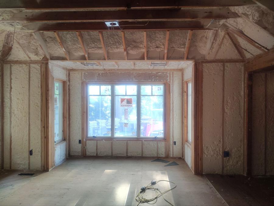 Spray foam in the walls and ceiling around a bay window, Bedford, NY