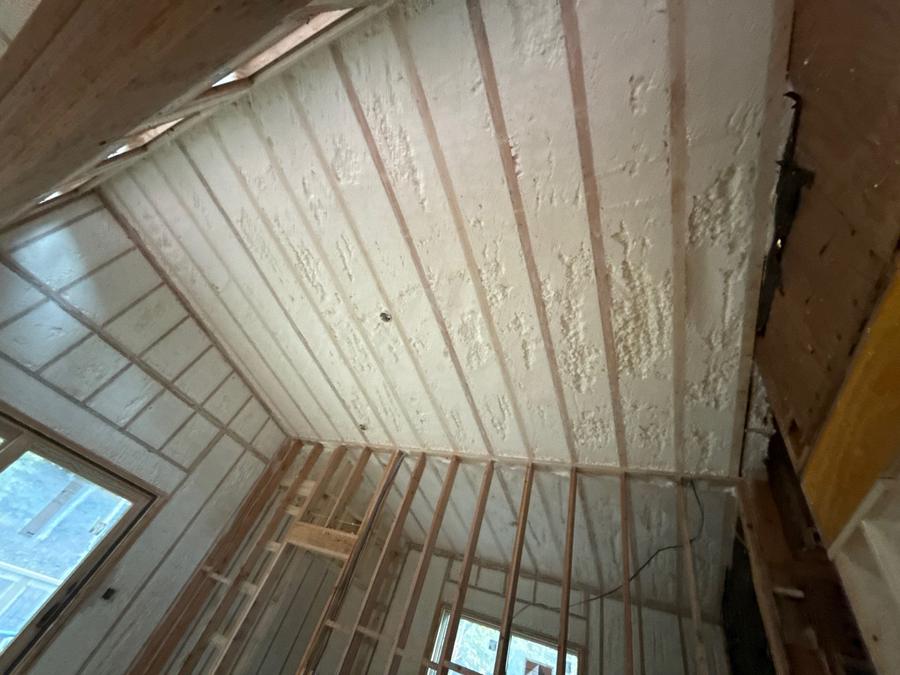 Spray foam following the pitch of a cathedral ceiling, Saugerties, NY