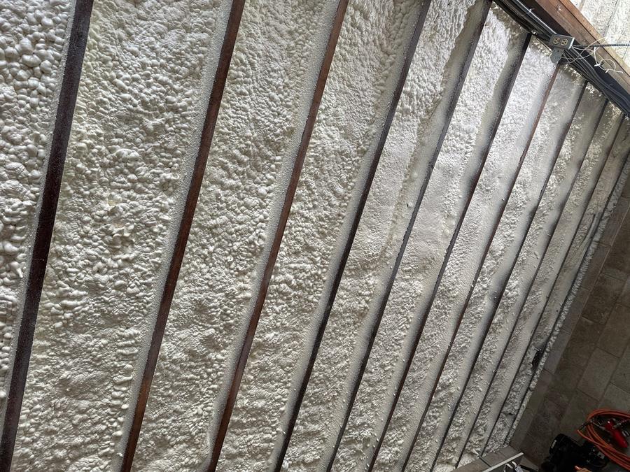 Close-up of spray foam filling the ceiling bays, Redding, CT