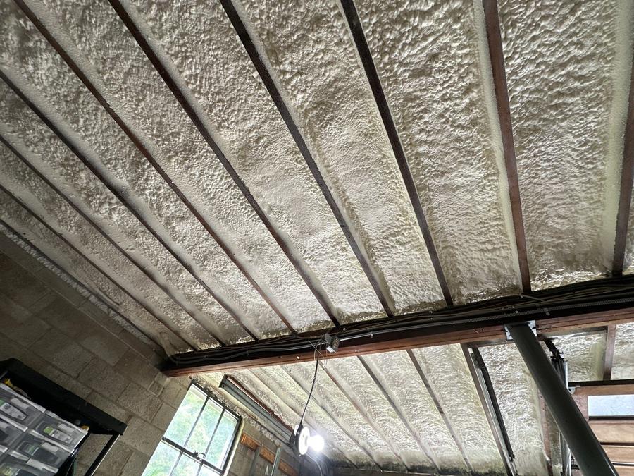 Garage ceiling fully covered in spray foam, Redding, CT